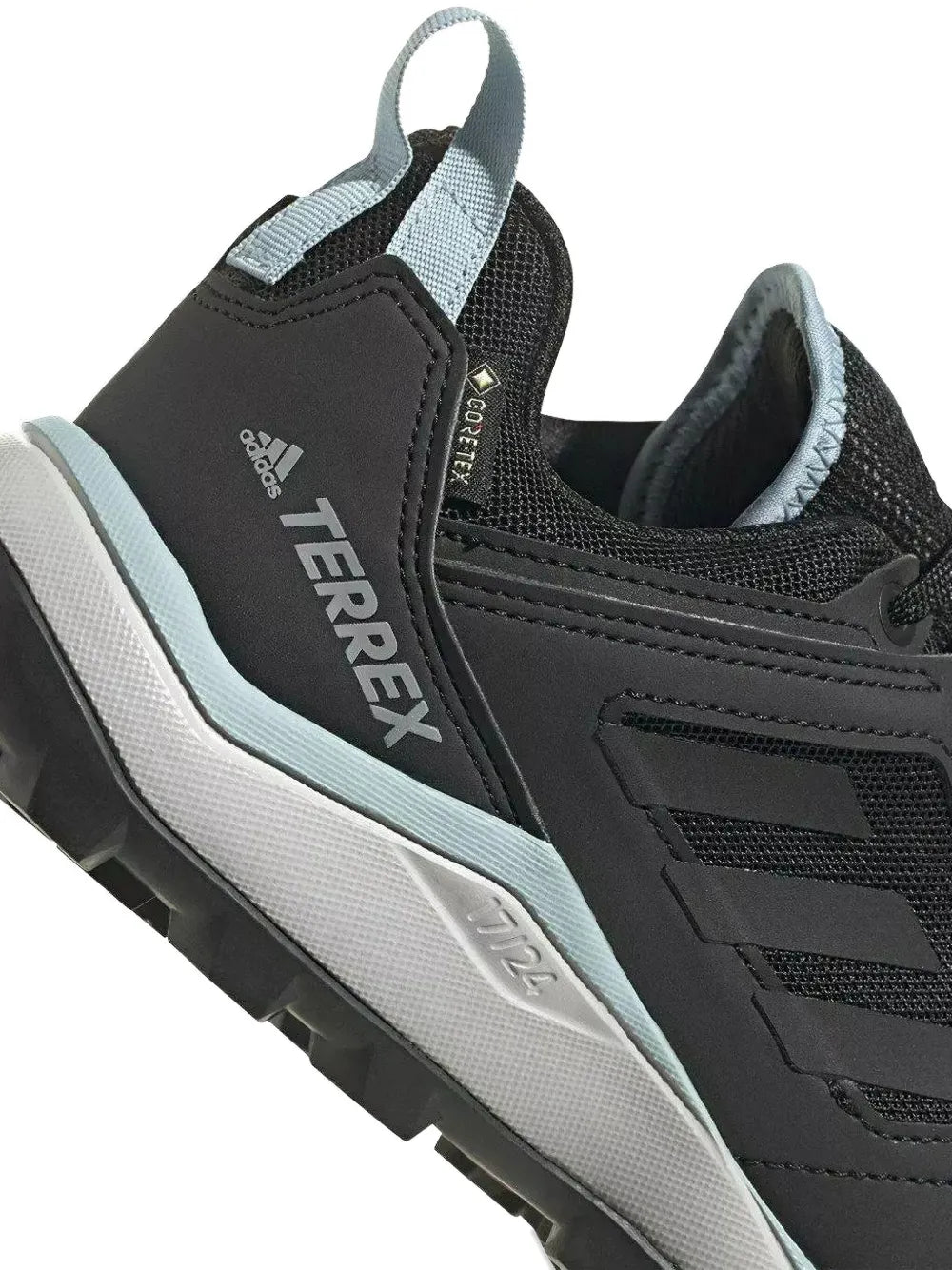 Black adidas Terrex trail running shoe side with TERREX branding and blue accents