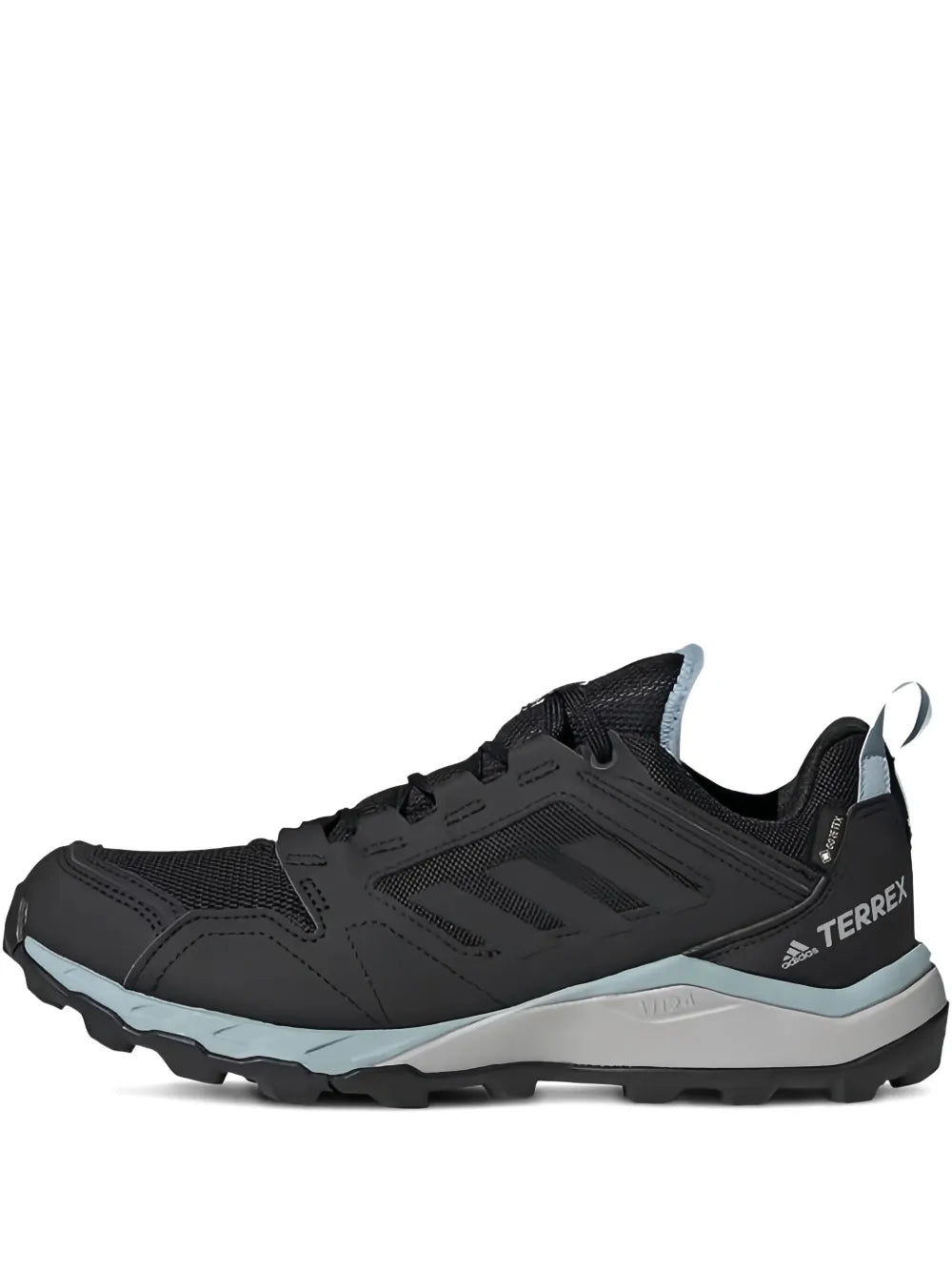 Black adidas Terrex trail running shoe with light blue trim and rugged outsole