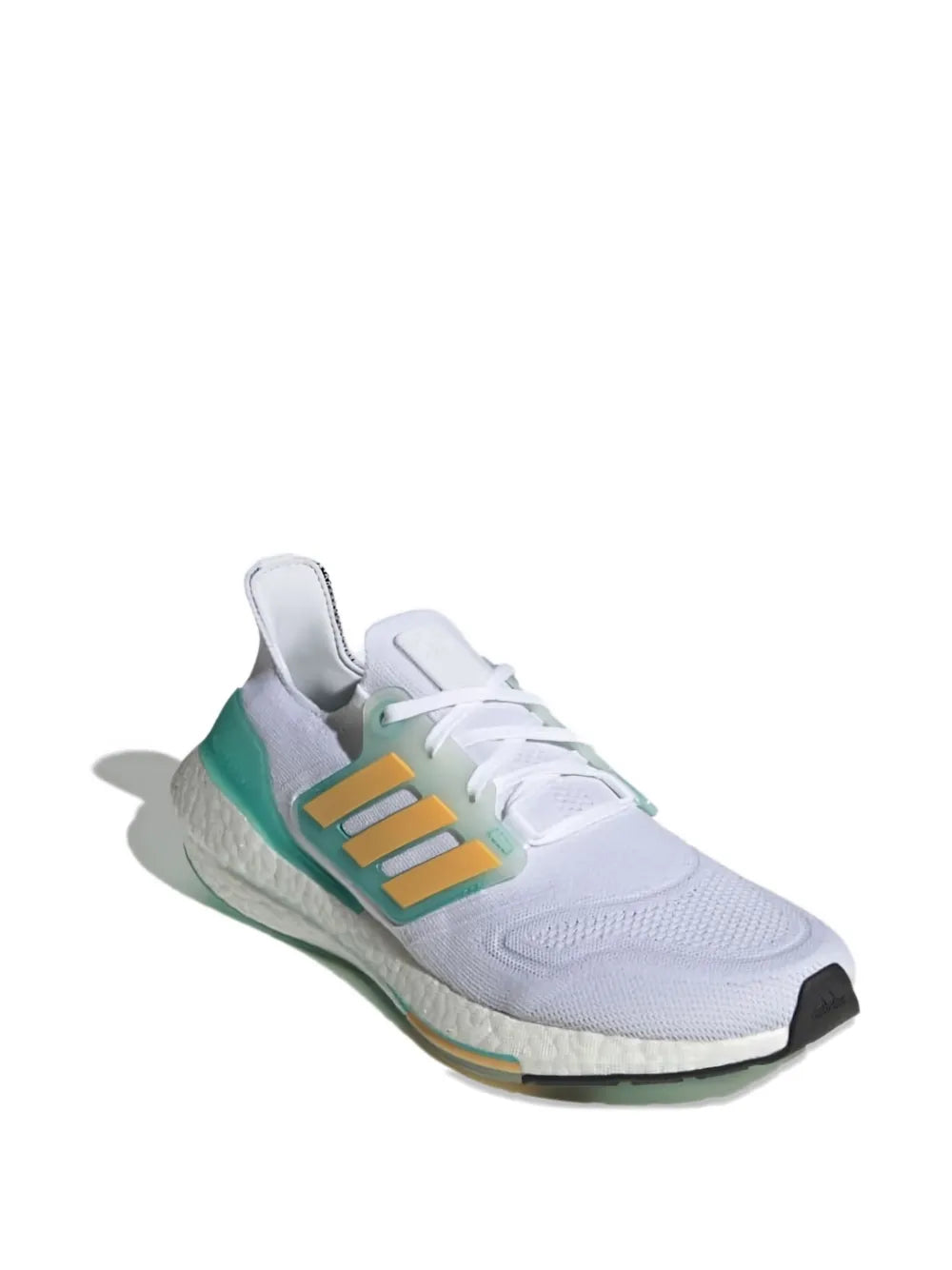 adidas Ultraboost 22 sneaker with light knit upper, teal heel and yellow stripe detail