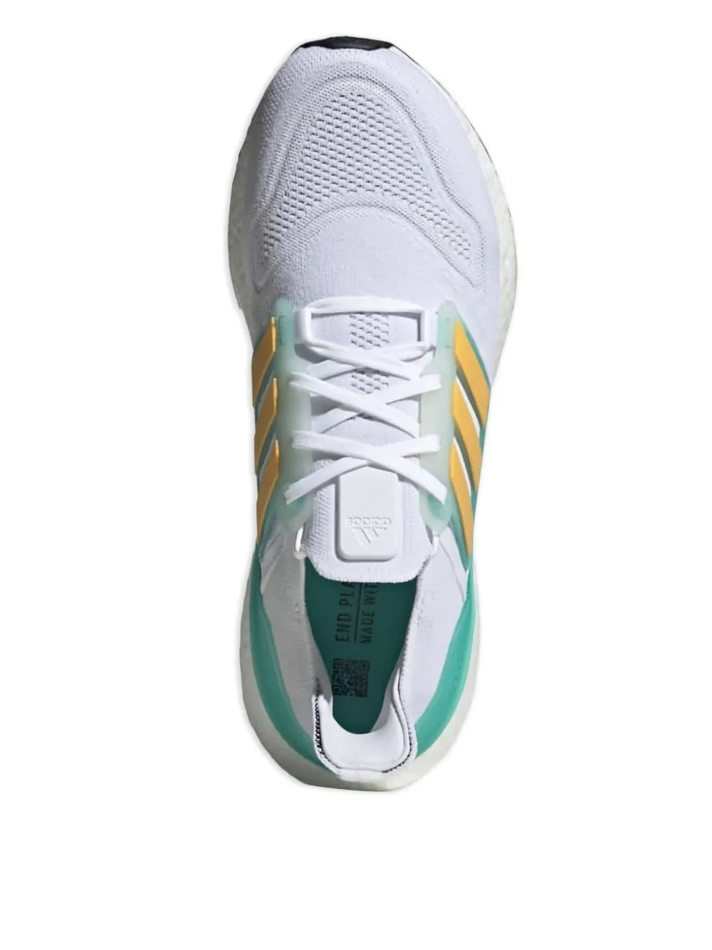 adidas Ultraboost 22 shoe top view with lace-up front and teal-green heel panel