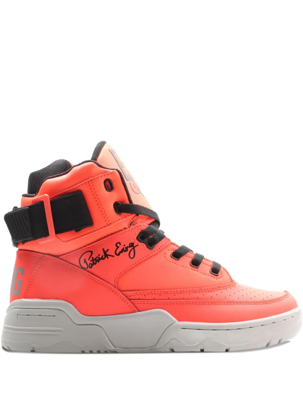 Orange high-top sneaker with black strap, lace-up front, and gray rubber sole