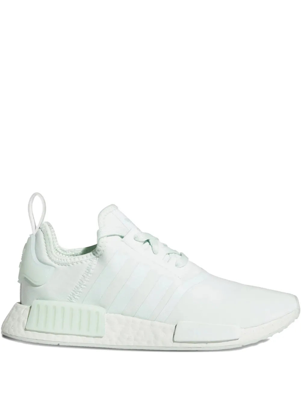 Adidas NMD R1 sneaker in white with light green accents, lace-up