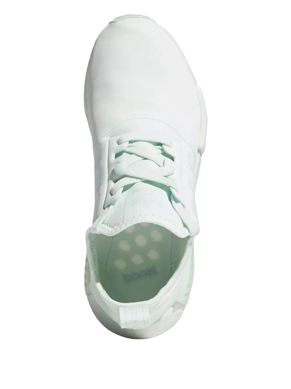 Adidas NMD R1 sneaker, white upper with mint green interior and lace eyelets