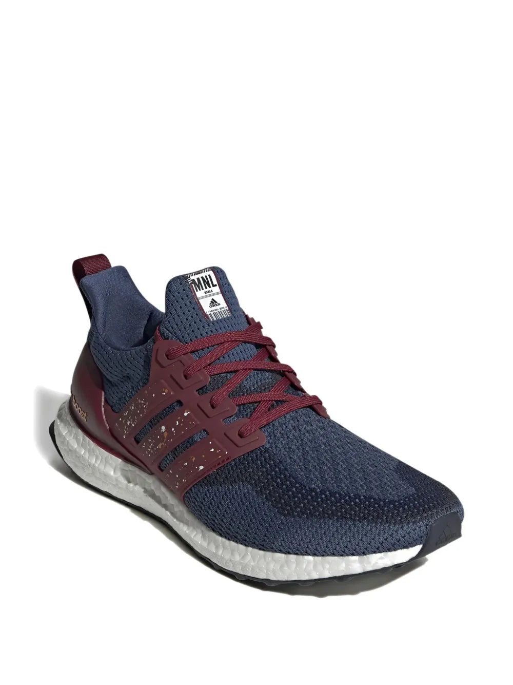 adidas running shoe, burgundy laces, navy knit upper, white Boost midsole, side view