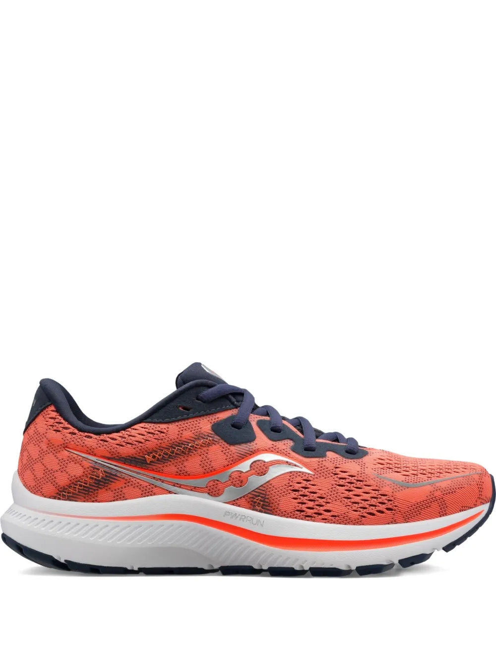 Saucony Omni 20 orange mesh running shoe with navy laces and white midsole