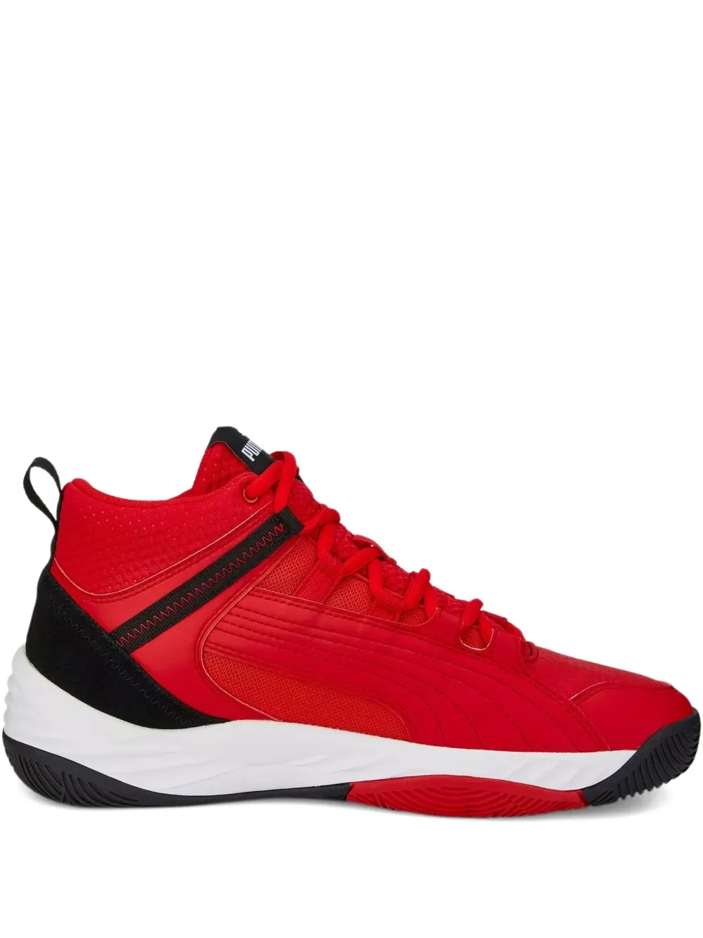 Red and black PUMA sneakers with white midsole and red laces
