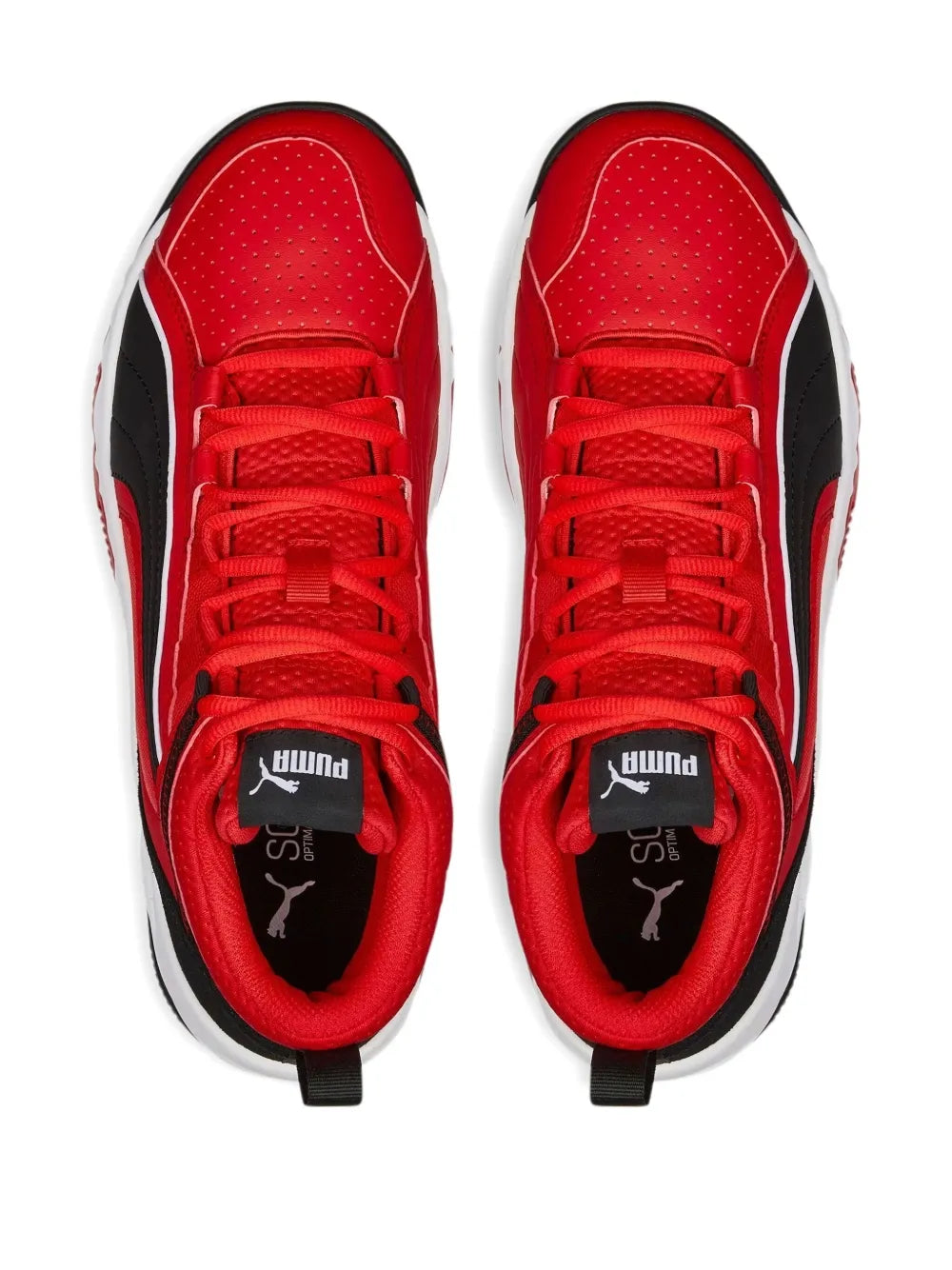 Red PUMA sneakers, top view of laces and black tongue logo
