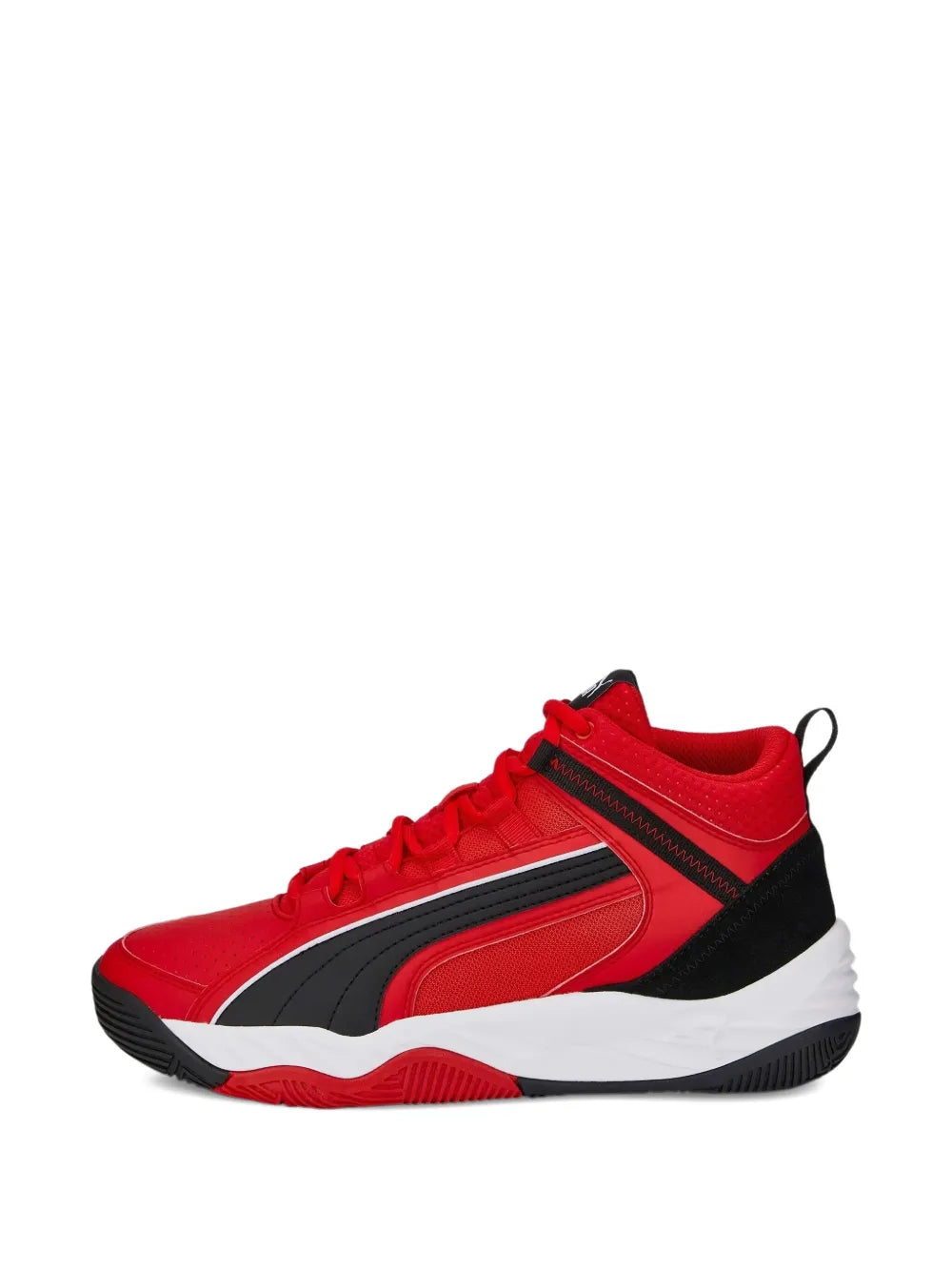Red PUMA sneakers with black side stripe, white midsole, and lace-up front