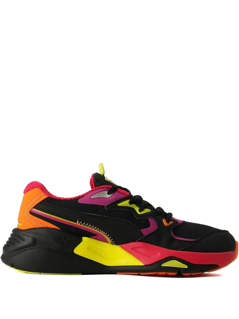 PUMA sneaker with black upper, orange side panel, pink and neon yellow accents