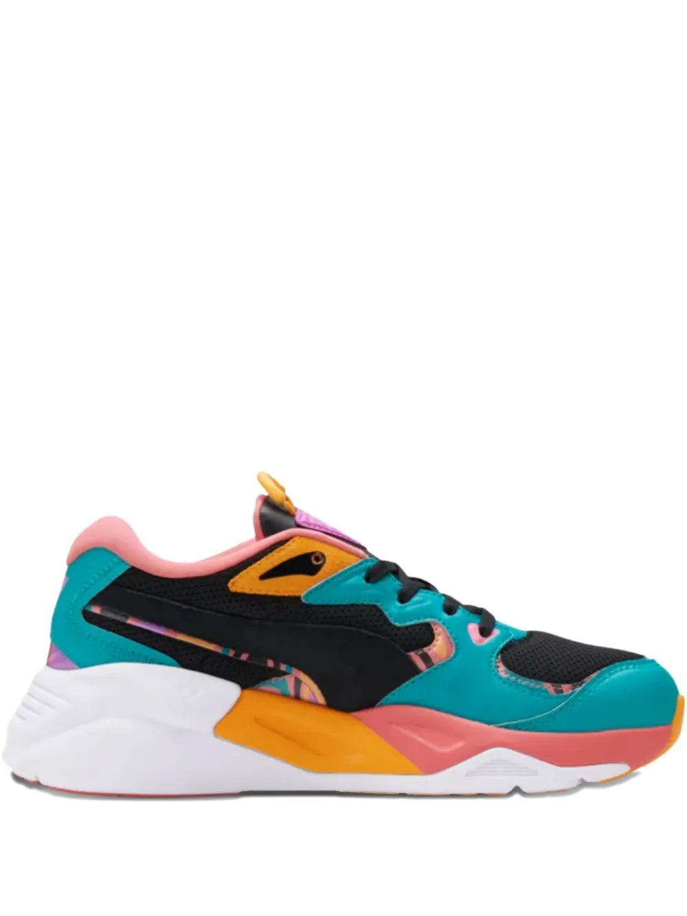 PUMA Trc low-top sneaker, black upper with teal, orange, and pink accents, white sole
