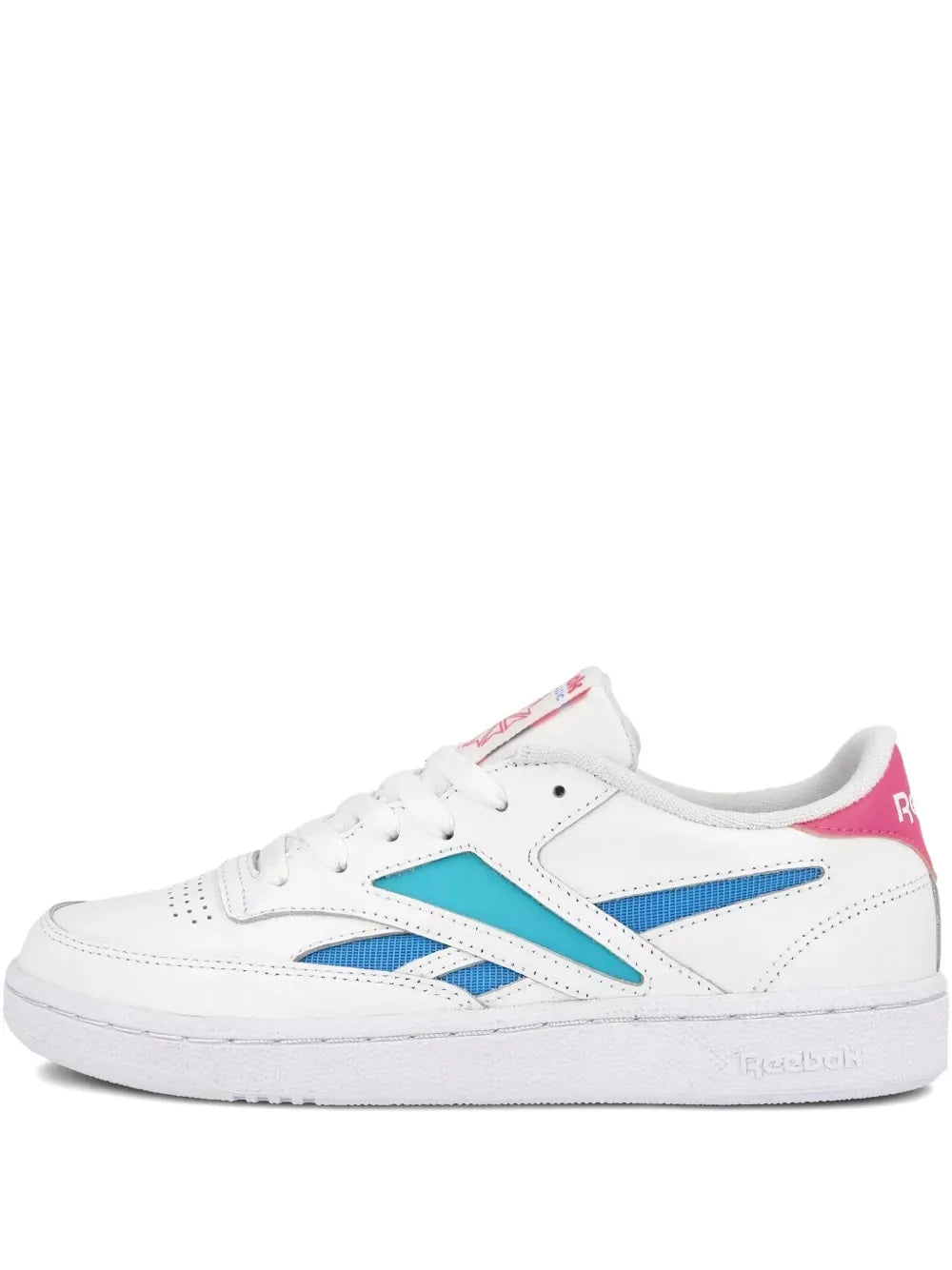White low-top Reebok Club C Revenge Mark sneakers with blue and teal side stripes.