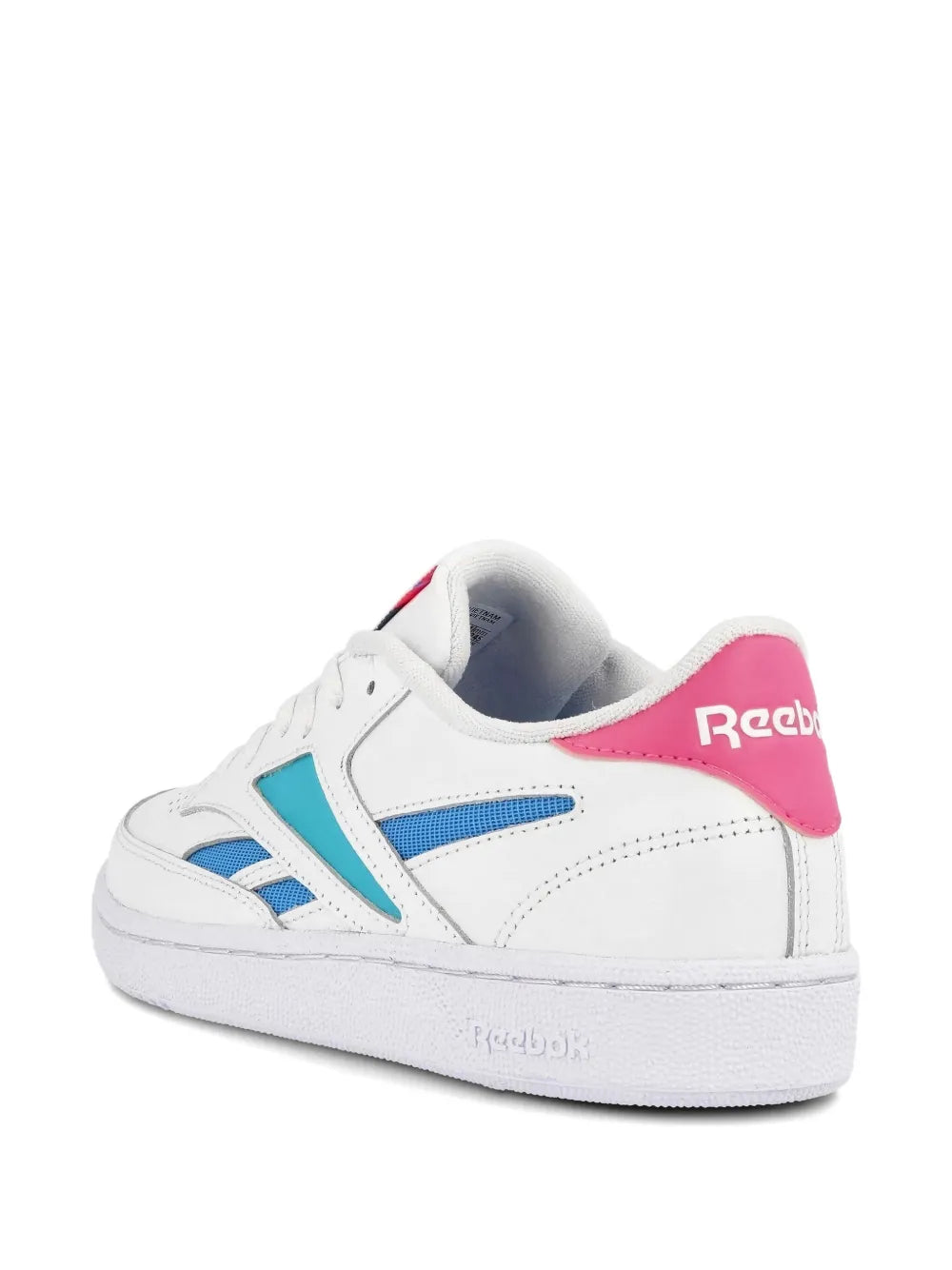 White low-top sneakers with pink heel panel and blue-and-teal side stripe detail.