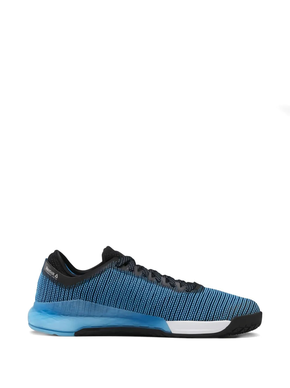 Blue knit lace-up running shoe with black heel, blue outsole, white midsole