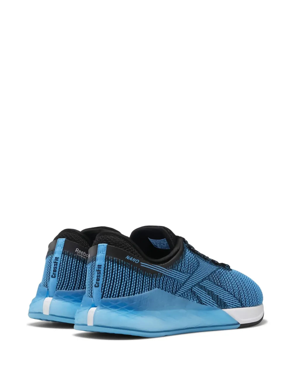 Blue knit running shoe with black heel collar and white/blue sole