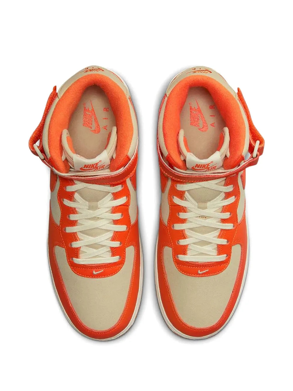Orange and white high-top sneakers with white laces and Nike logo