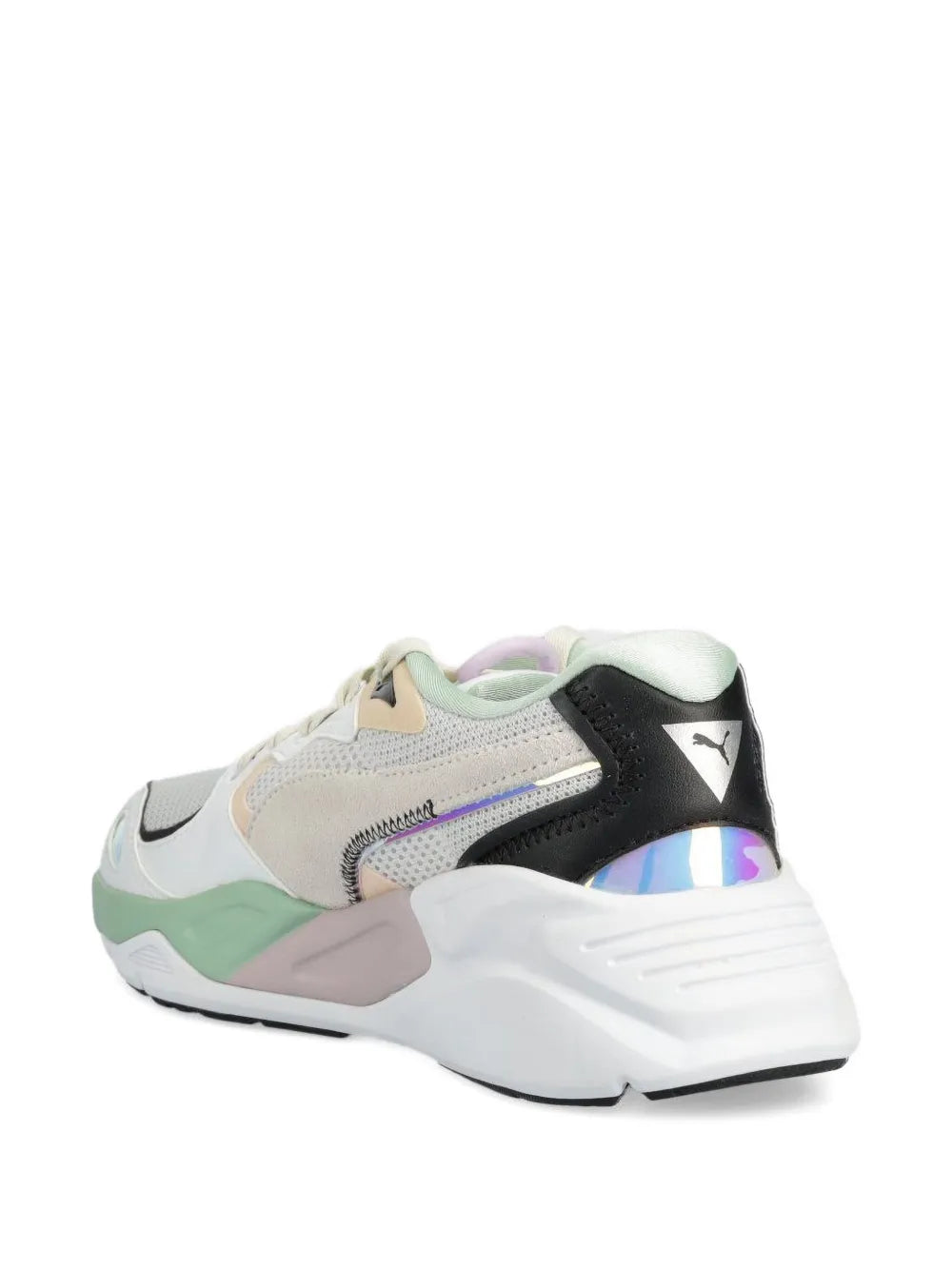 Sneaker heel view, white upper with black panel and colorful reflective trim