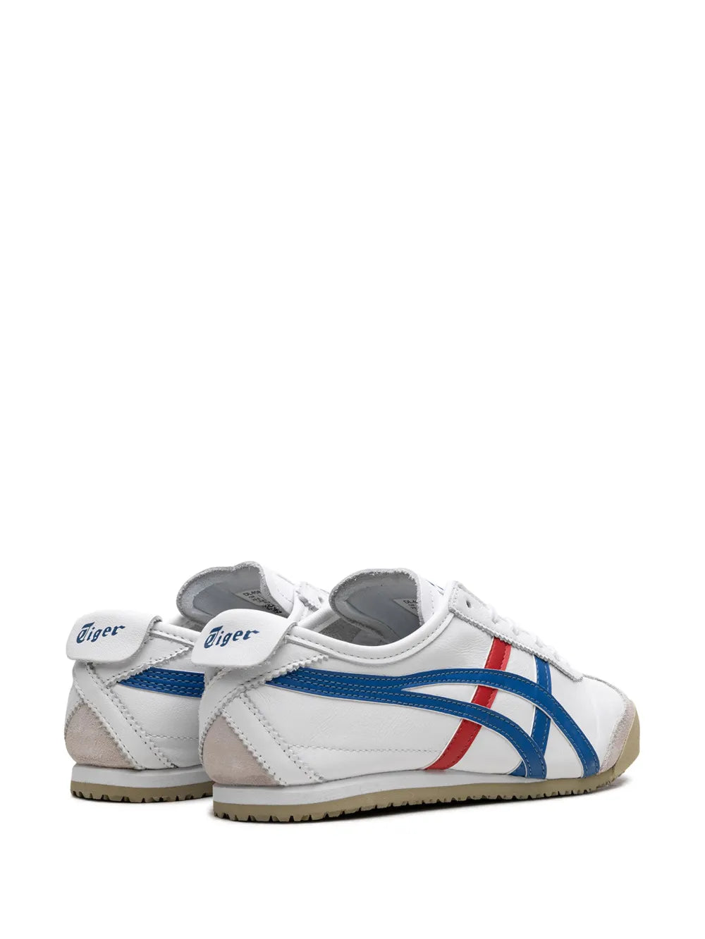 Low-top sneakers with white leather, blue/red stripes, and heel pull tabs
