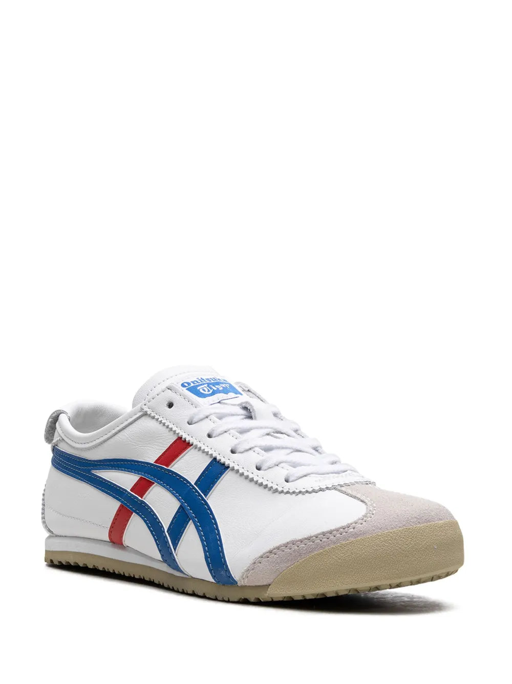 Low-top sneakers in white leather with blue and red stripes, lace-up