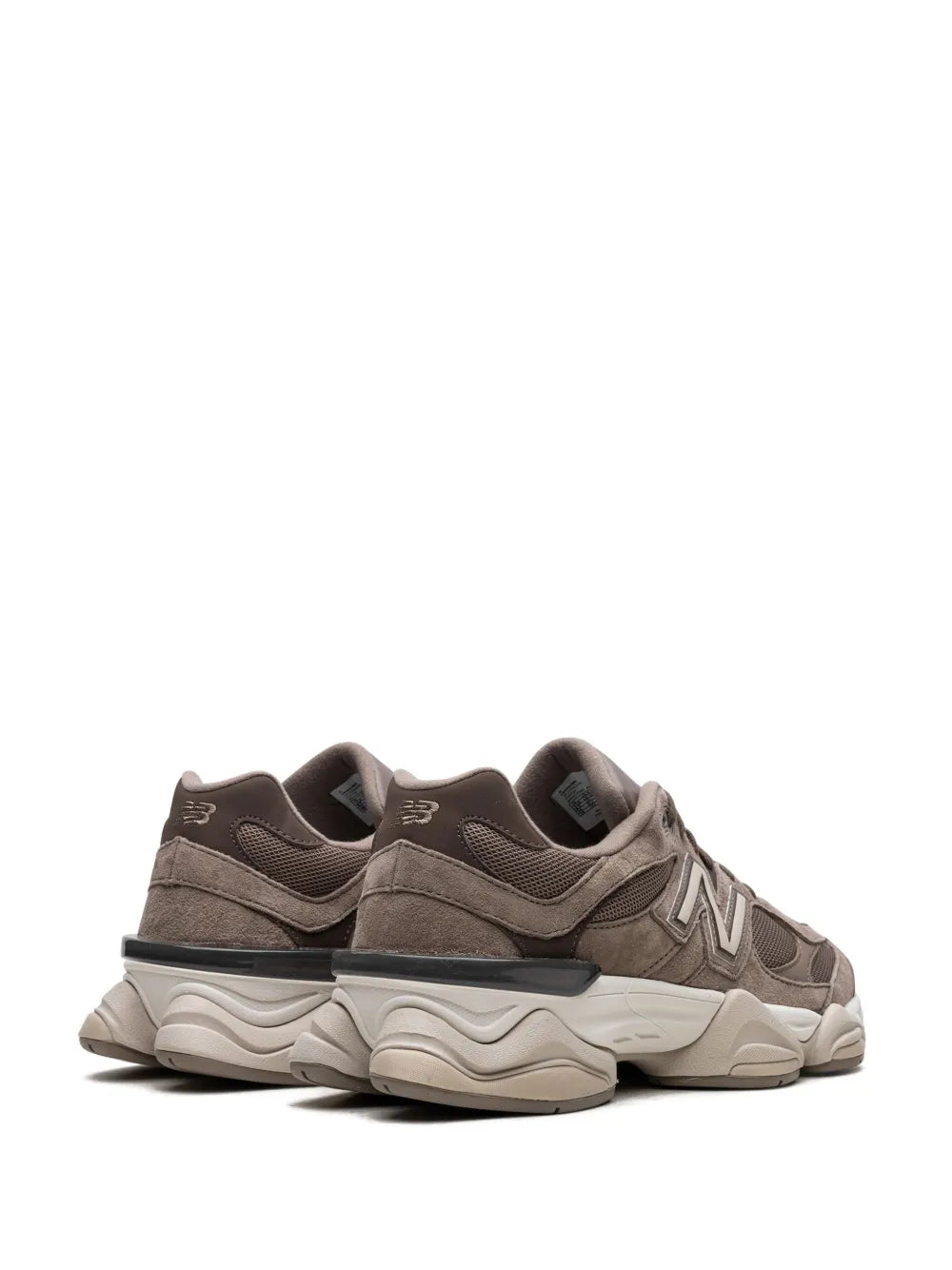 Brown New Balance 9060 sneakers rear view with heel tab and cushioned foam pods