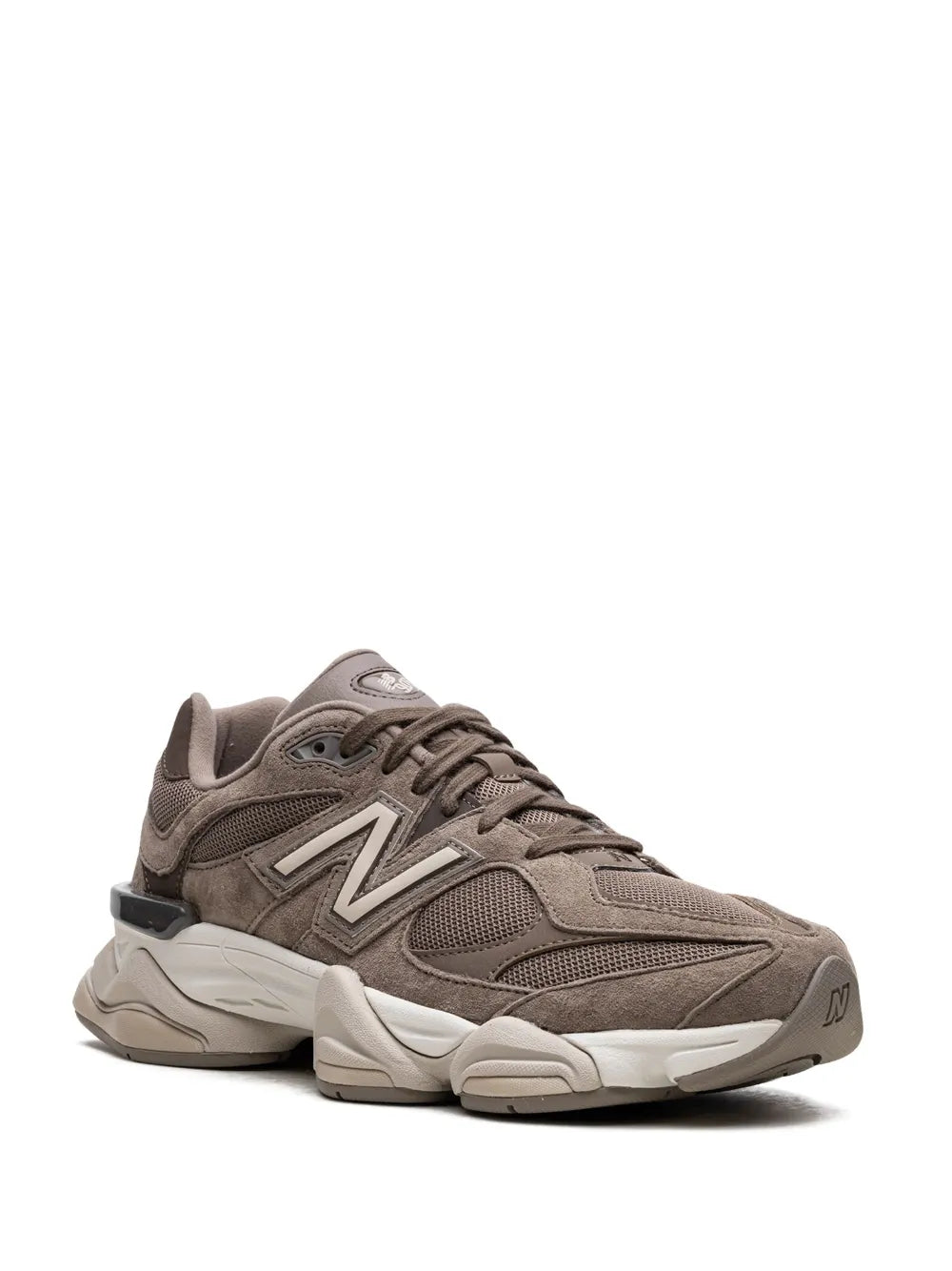 Brown New Balance 9060 lace-up sneaker, side N logo, mesh and suede overlays