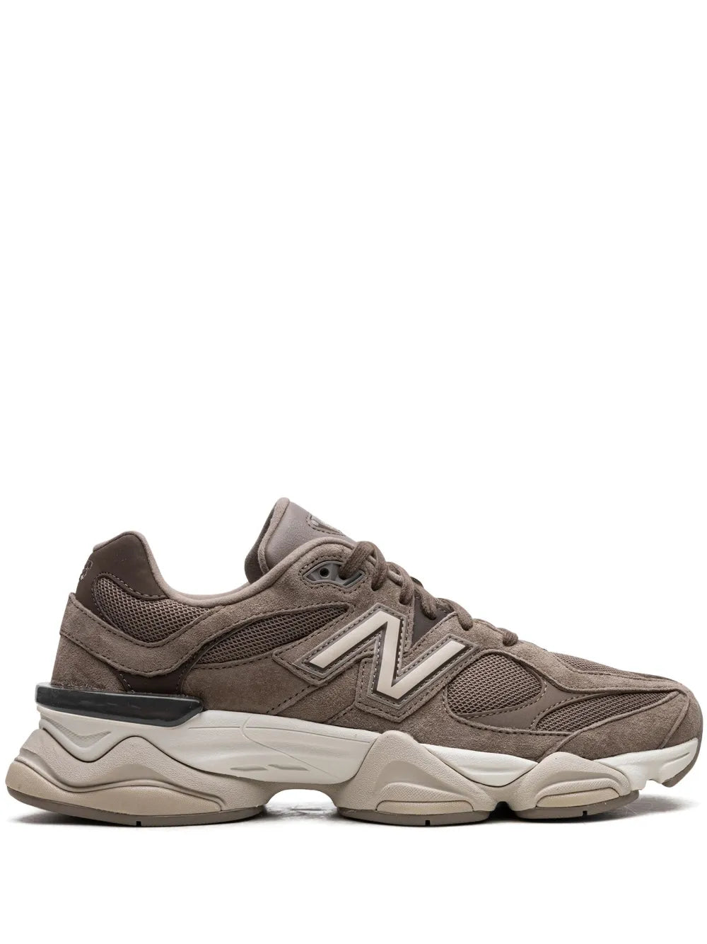 New Balance 9060 brown sneakers with mesh upper, suede overlays, and cushioned sole