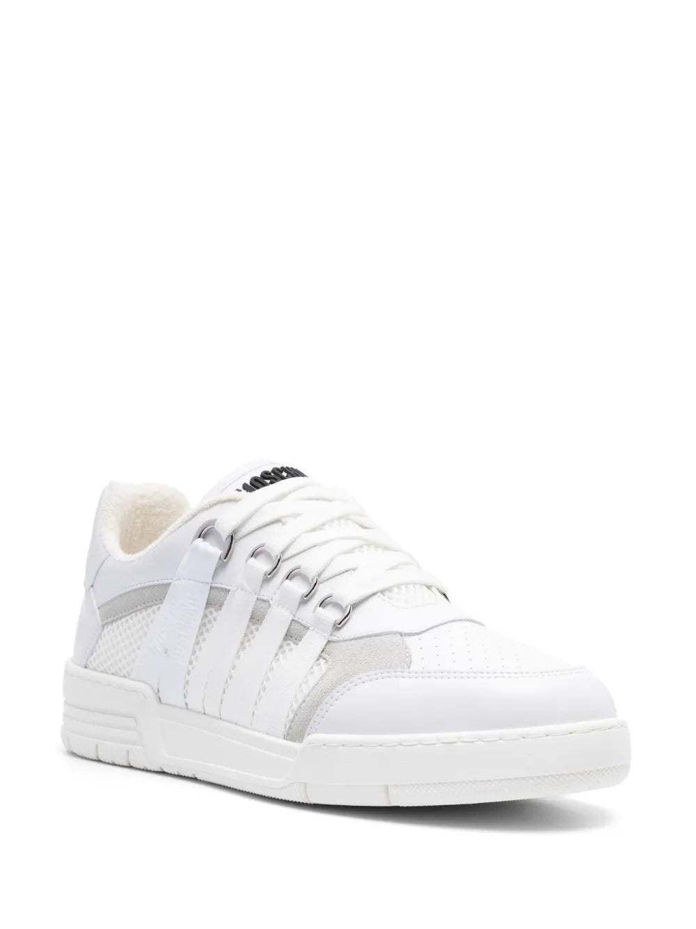 White lace-detailed low-top trainers, side view with cushioned tongue and laces