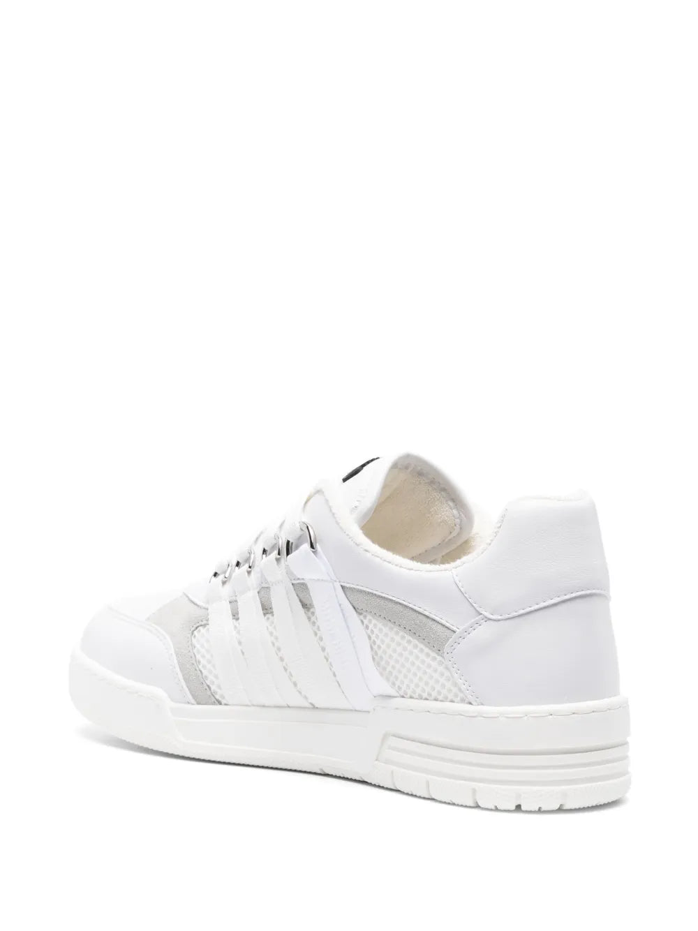 White lace-detailed panelled trainers, rear-side view with padded collar
