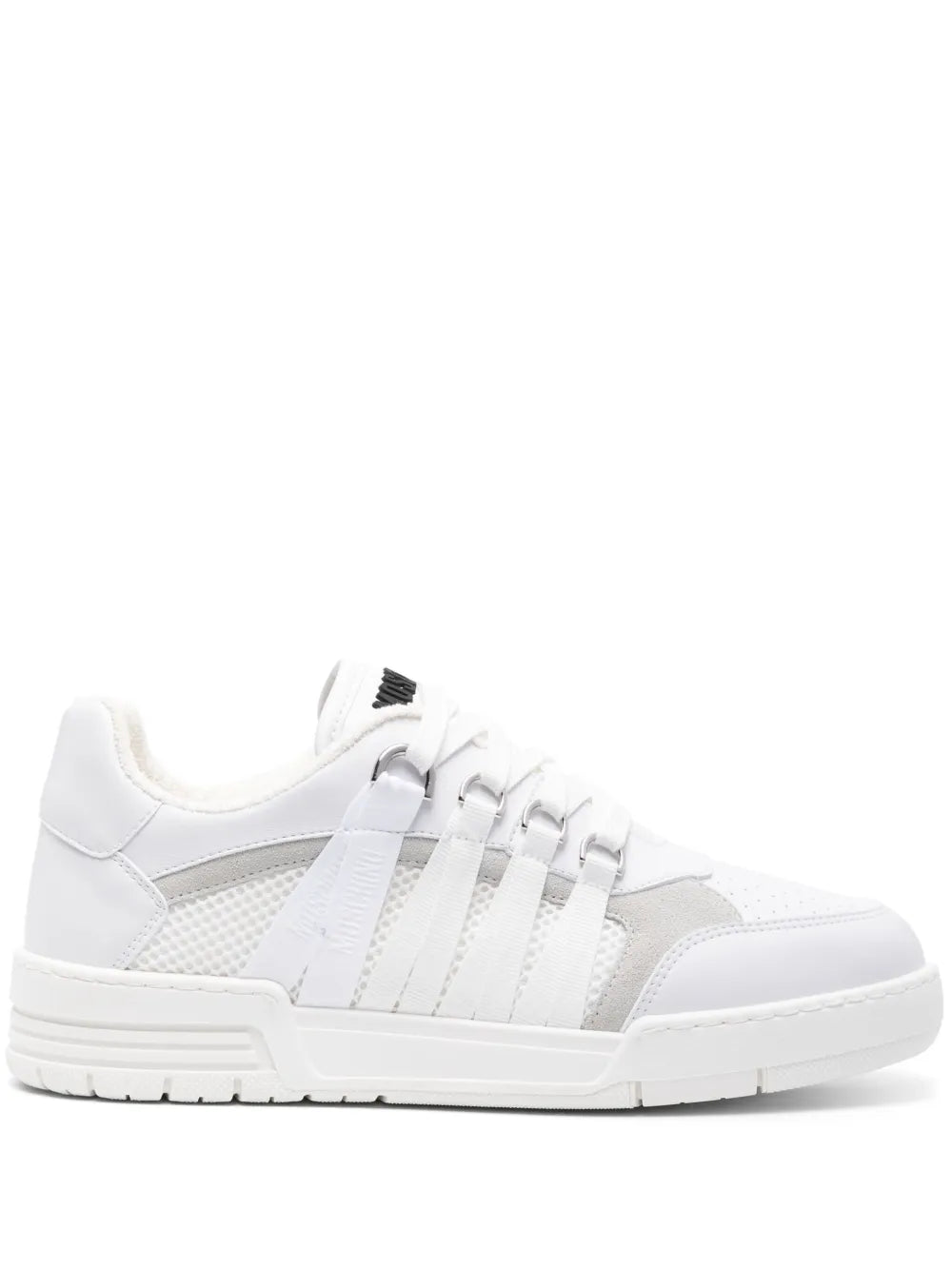 White lace-detailed panelled trainers with white laces and perforated toe