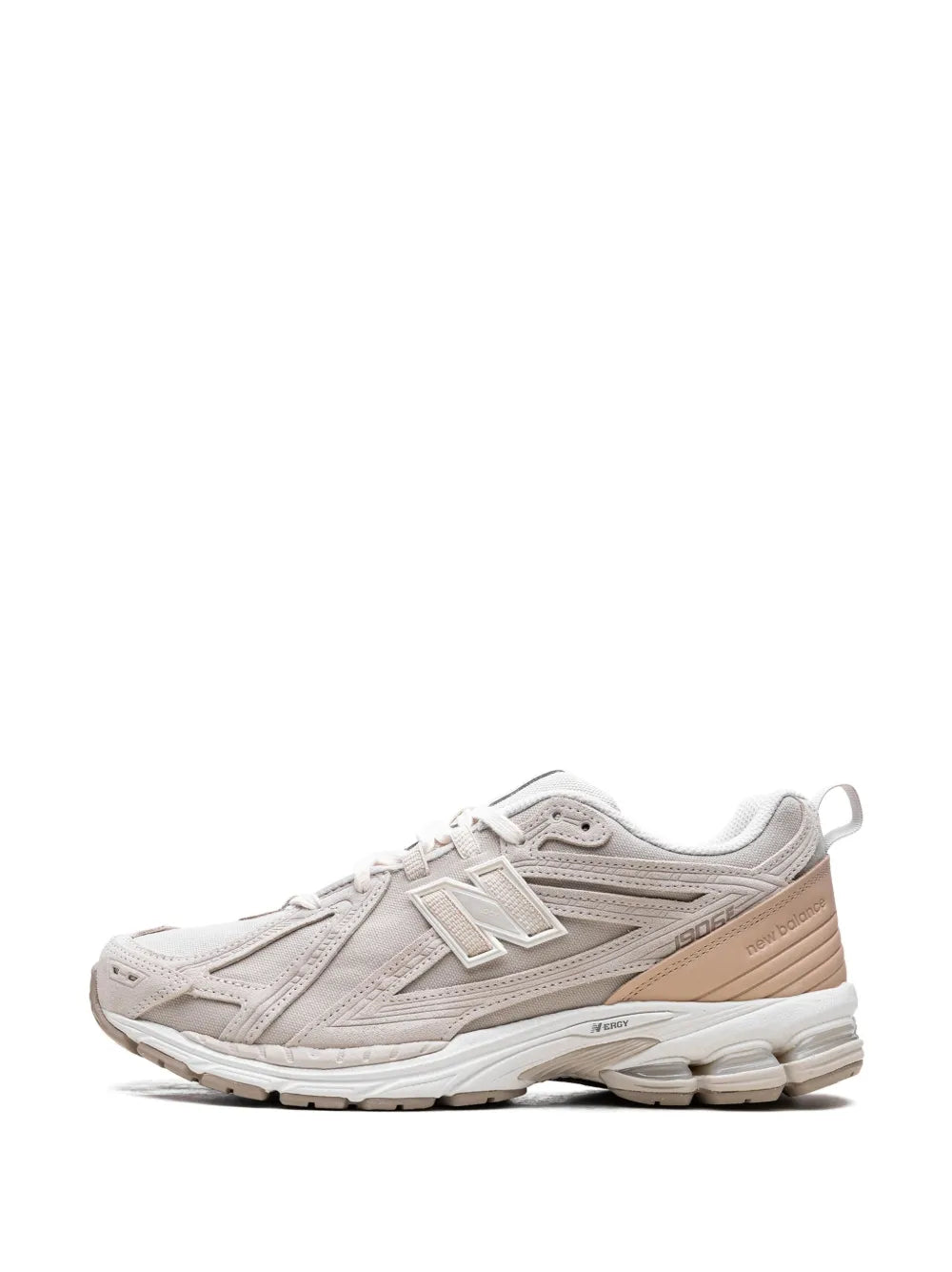 Beige New Balance lace-up sneakers with N logo and tan heel panel