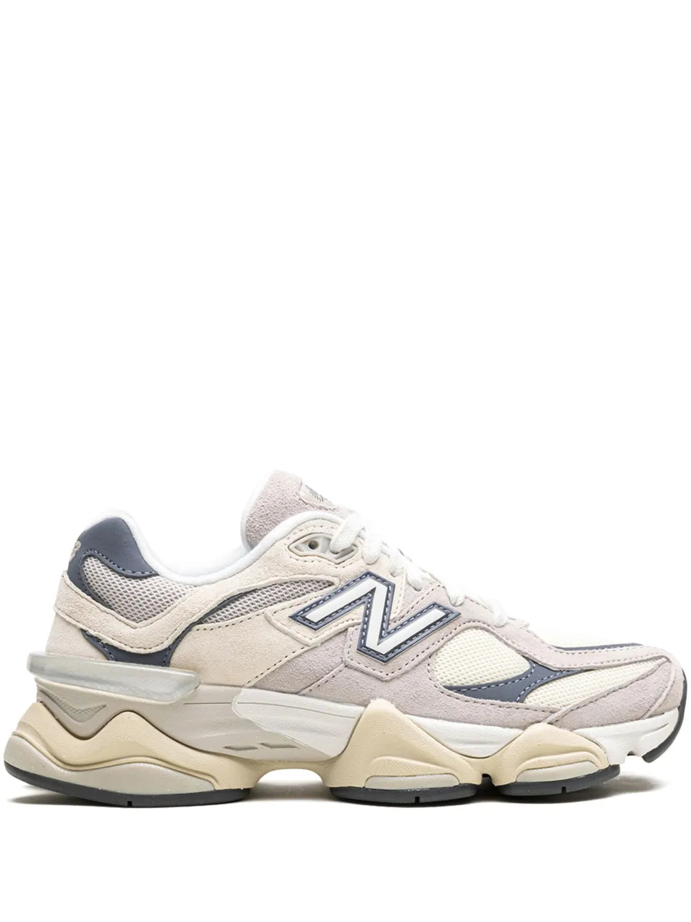 Light grey and beige New Balance 9060 sneakers with navy N logo, lace-up