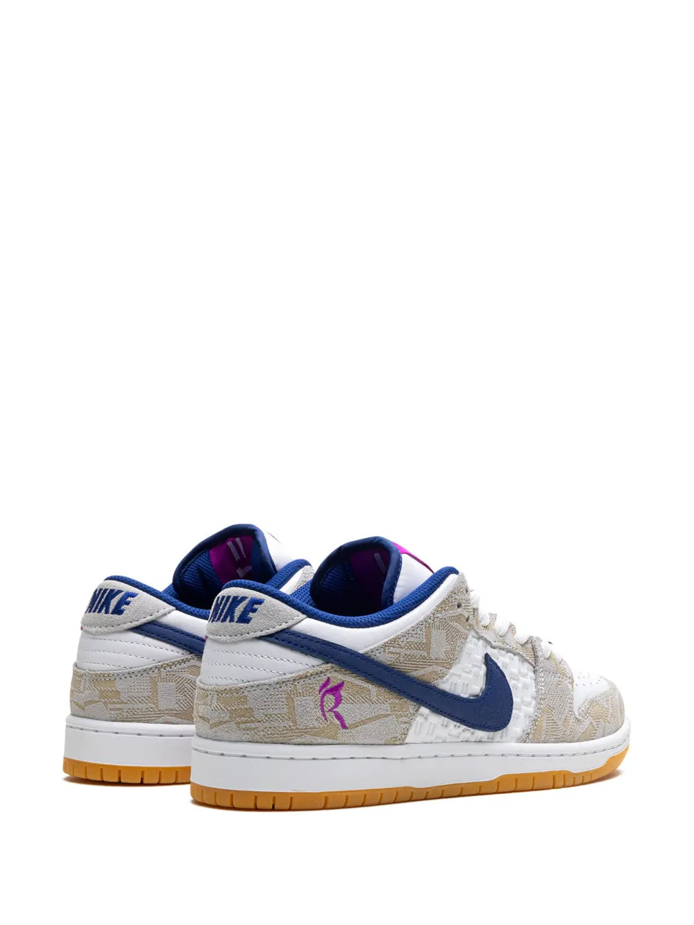 Pair of low-top sneakers, white panels with navy Swoosh and purple details