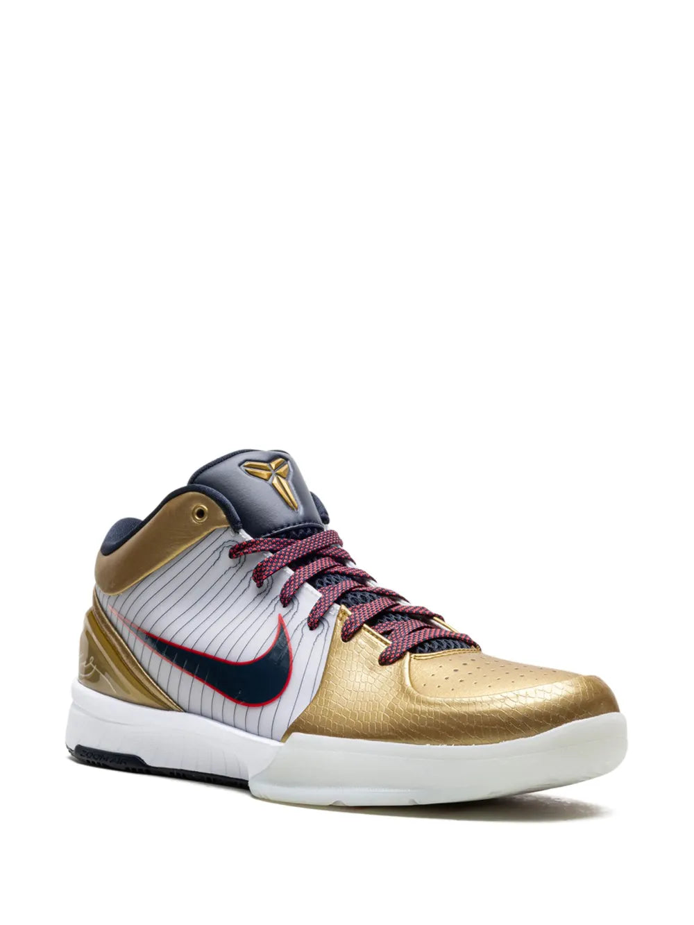 Low-top sneakers with white ribbed panels, gold overlays, navy swoosh, burgundy laces
