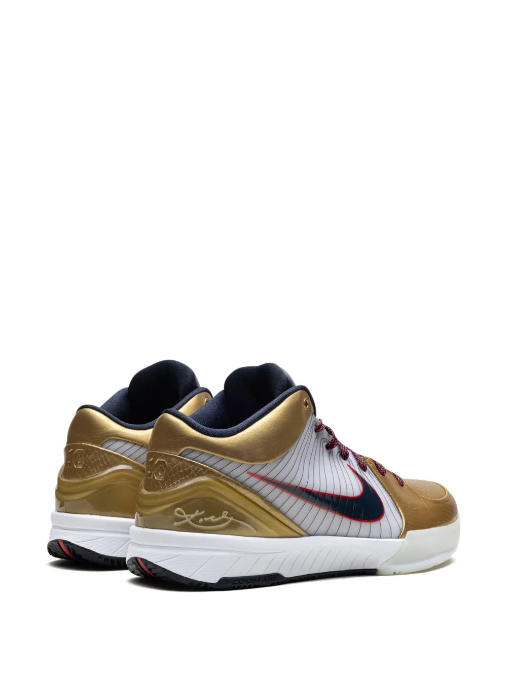 Low-top sneakers showing heel and side: gold leather with navy collar and white midsole