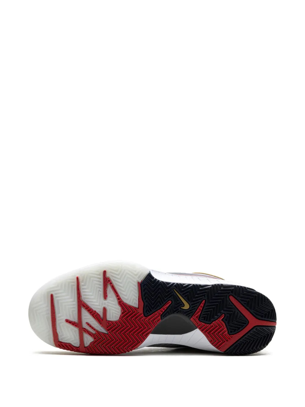 Shoe outsole bottom view with red and black traction pattern
