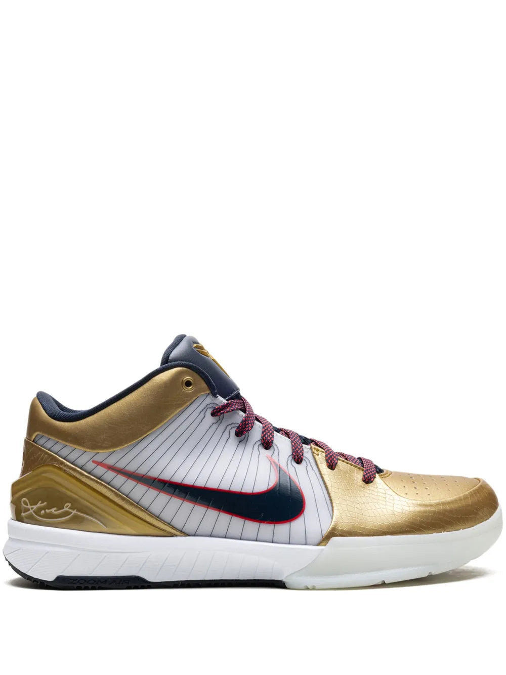 Nike Kobe 4 Protro low-top sneakers in metallic gold, white, and navy with laces