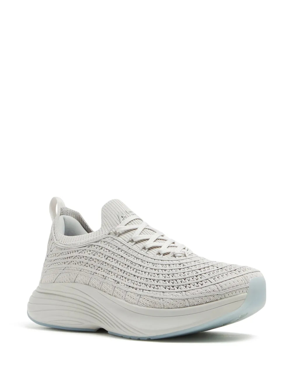 Light grey knit lace-up sneakers, side view with blue-tinted rubber midsole