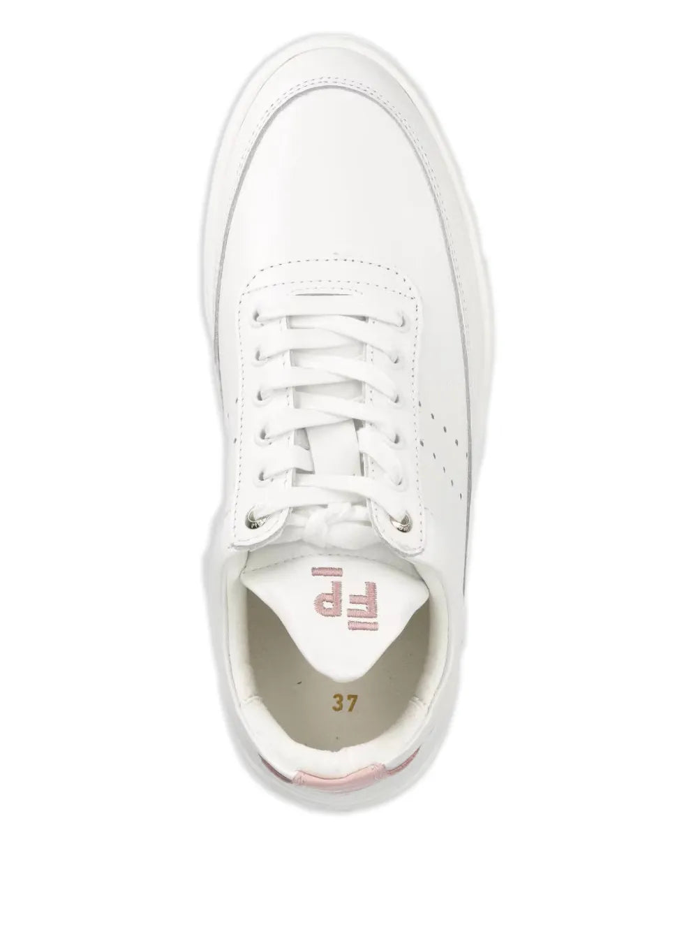 White leather low-top sneaker with white laces and visible tongue logo