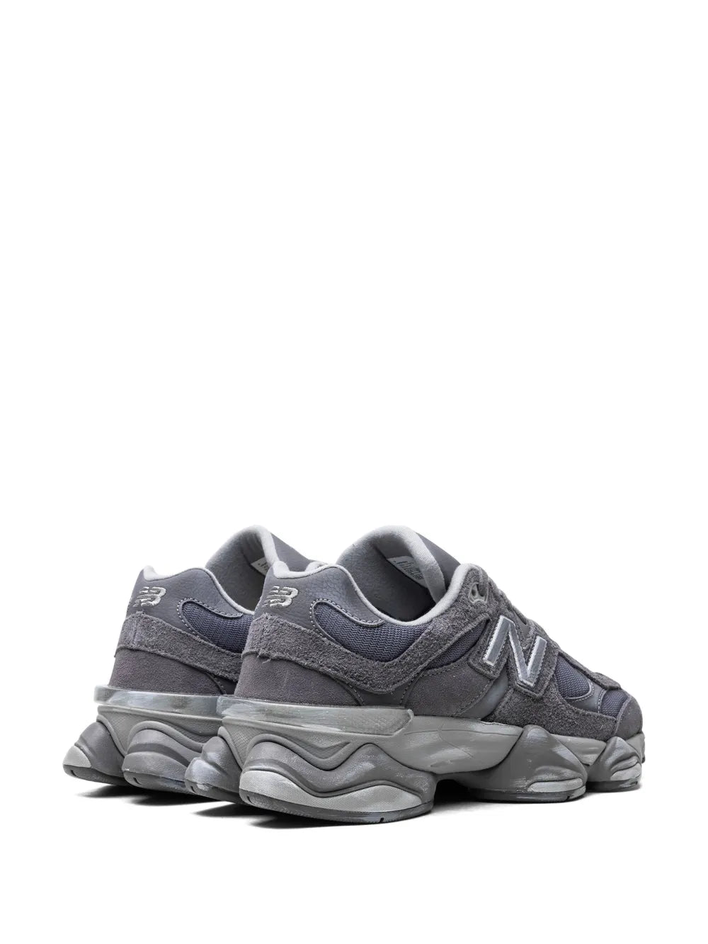 New Balance 9060 slate grey low-top sneakers, rear view with cushioned heel
