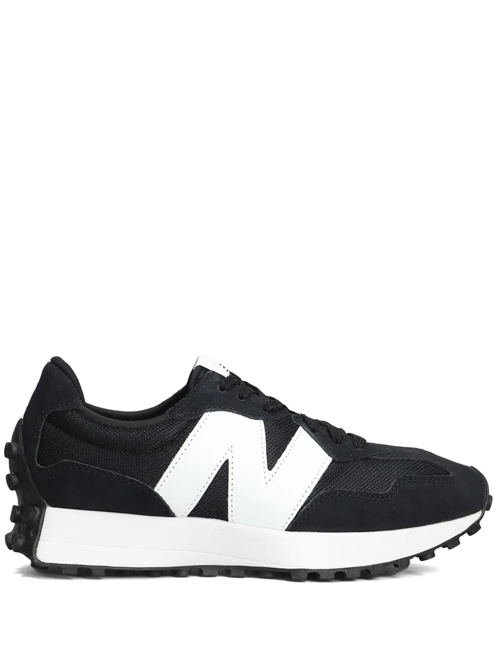 Black/white lace-up sneakers with logo patch and cushioned sole