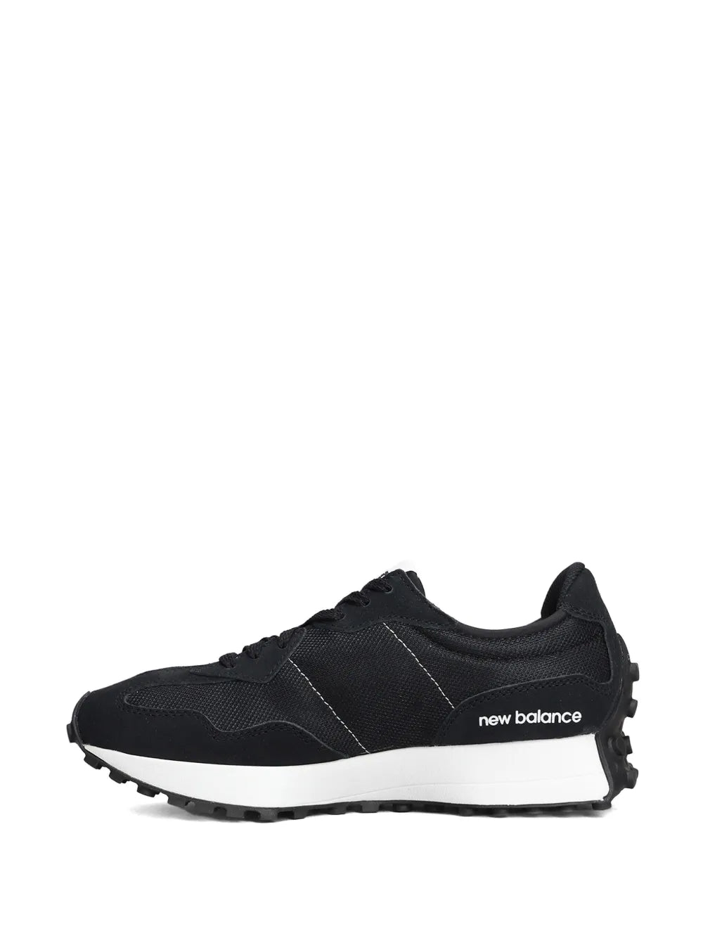 Black lace-up sneakers with white midsole and 'new balance' side branding