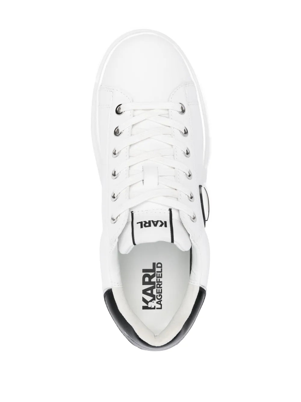 White leather low-top trainer with lace-up vamp and black logo insole