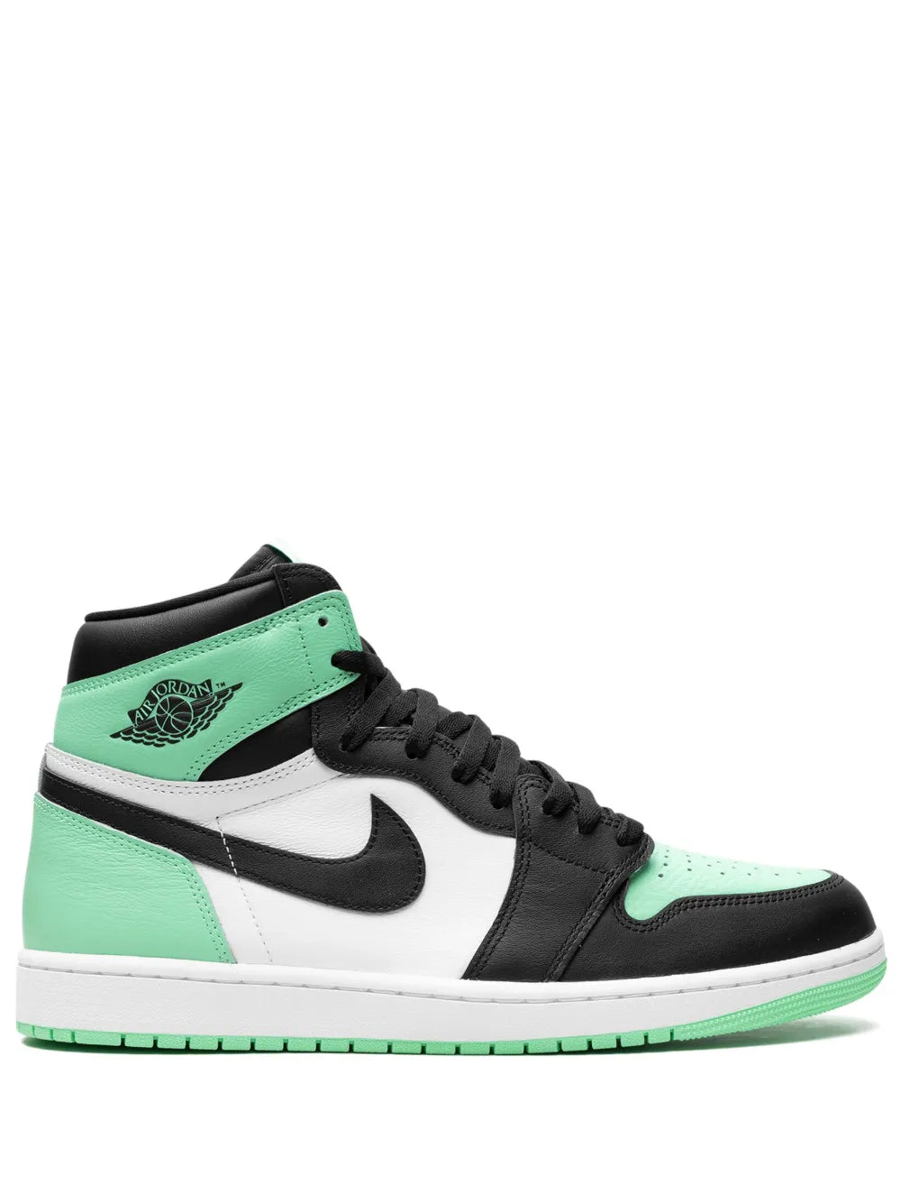 High-top sneakers in white, black, and mint green with black laces and Nike swoosh