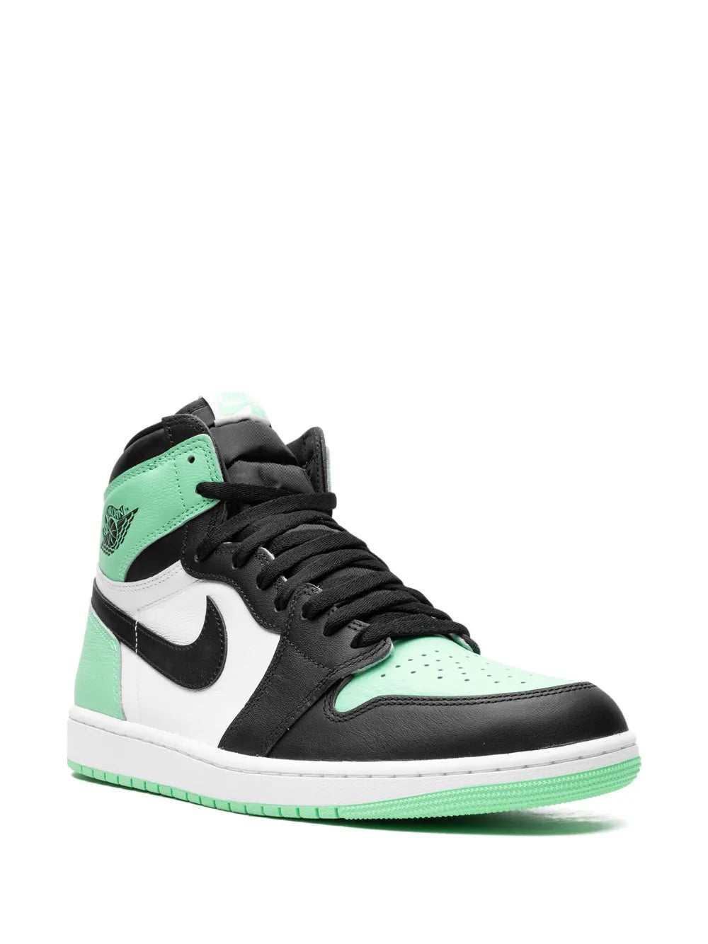 High-top sneakers side view with black overlays, mint green accents, and Nike swoosh