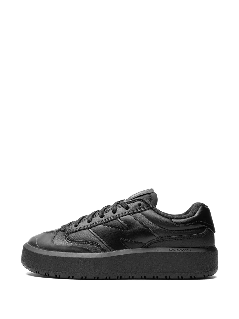 Black New Balance lace-up low-top sneakers, front/side view with laces and panel accents