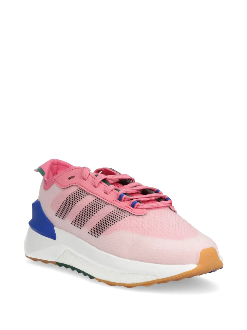 Pink adidas running sneaker, side view with blue heel and white midsole