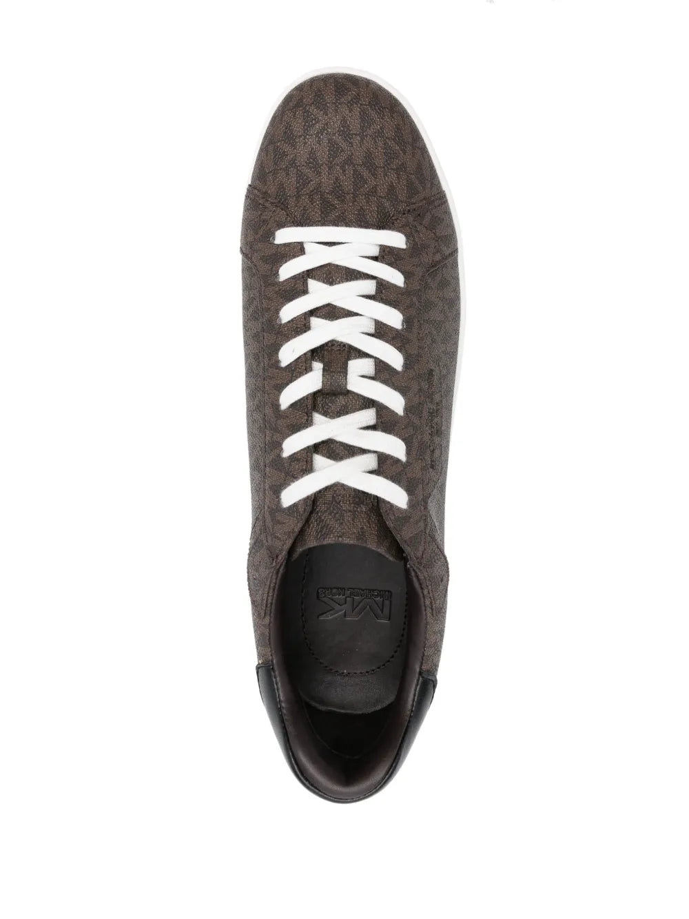 Brown monogram-pattern sneaker toe view, white lace-up and black interior