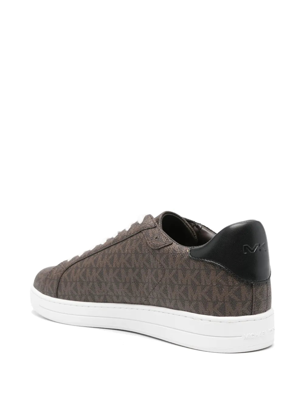 Brown monogram-pattern sneakers with black heel tab and white cupsole