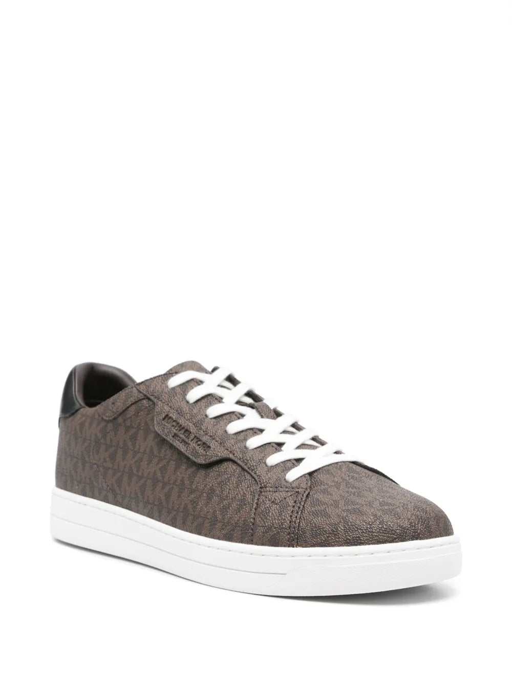 Brown monogram-pattern sneakers with white laces and white rubber sidewall