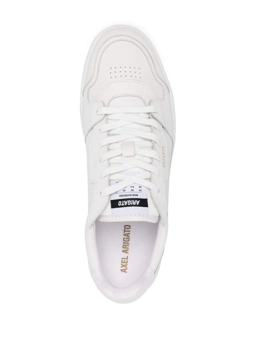 Axel Arigato Dice Lo white sneakers, top view with laces and tongue logo