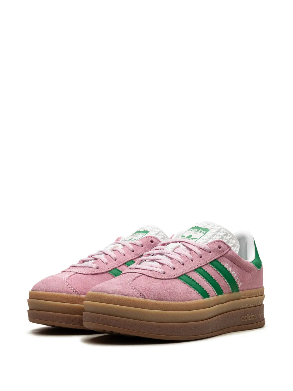 adidas suede low-top sneakers pair view, mauve uppers with green stripes